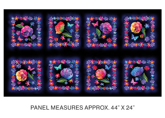 Luminous Blooms - Luminous Flower Boxes Navy Panel - Benartex/Kanvas Studio