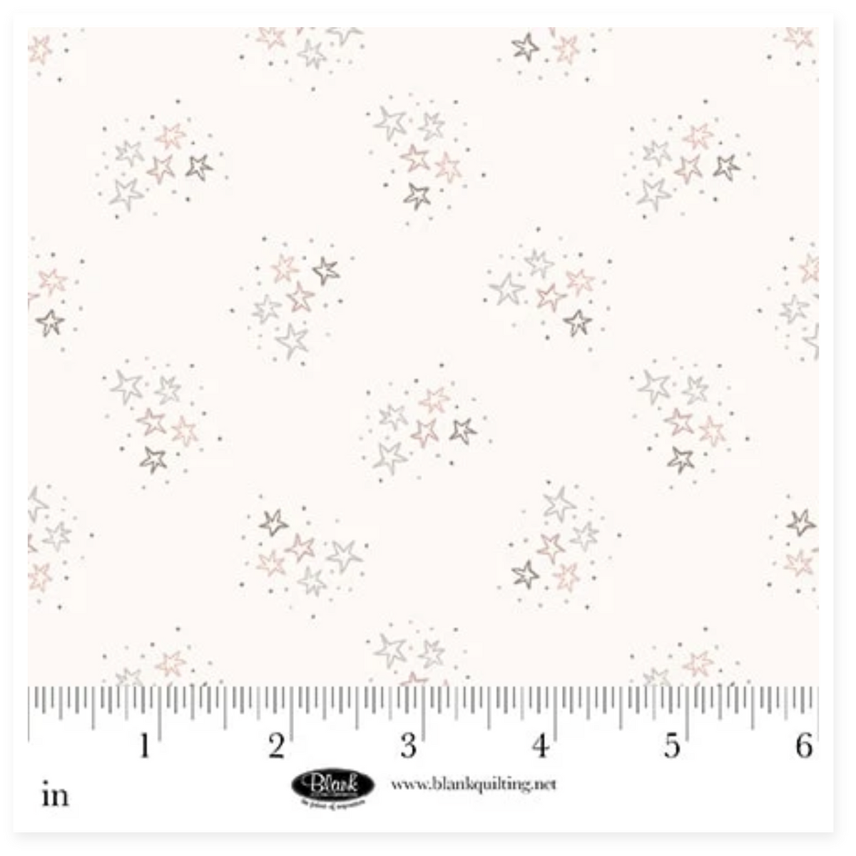 A fabric product listing showing a white fabric with a repeating pattern of small gray and pink stars.