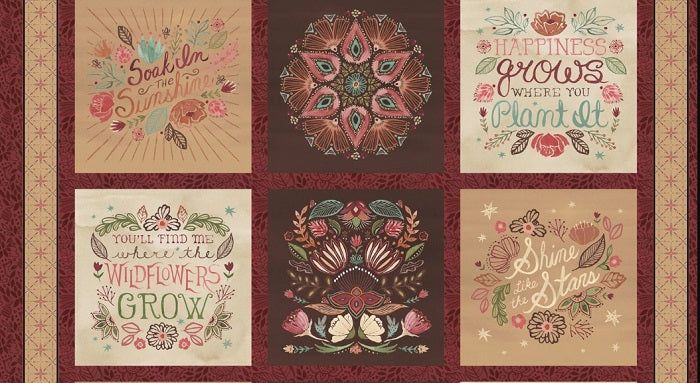 Decorative panel with floral designs and motivational phrases on a brown background