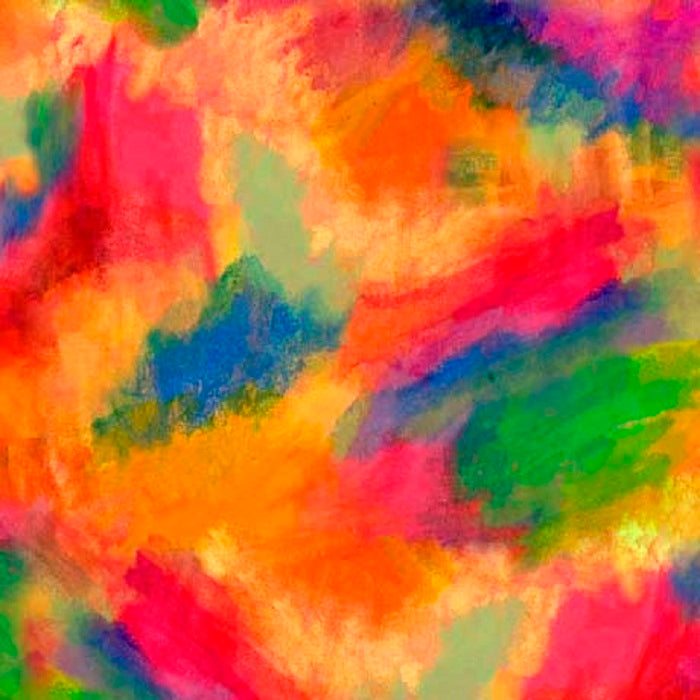 A colorful abstract pattern fabric featuring vibrant shades of orange, red, blue, and yellow.