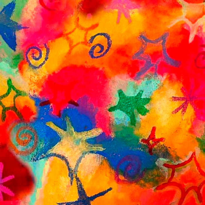 A vibrant multicolored fabric featuring large, bold star patterns on a tossed background.