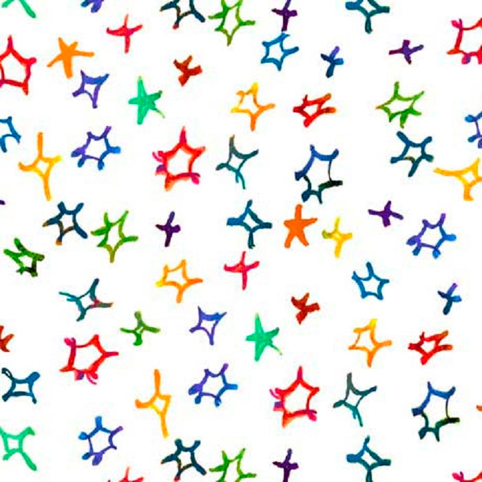 A pattern of small, bright stars in vibrant colors on a white background, designed by Josie for QT Fabrics.