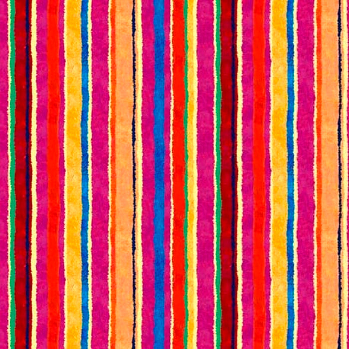 A close-up of a colorful striped fabric featuring vibrant shades of orange, red, blue, and yellow.