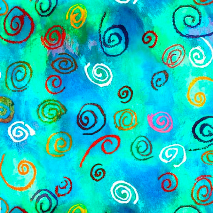 A fabric featuring vibrant blue and red twirls on a blue background, designed by Josie for QT Fabrics.