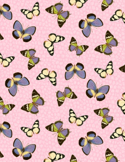 A pink fabric with a pattern of purple butterflies and greenery on a pink background.