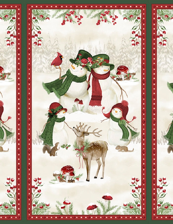 Christmas-themed fabric panel with snowmen, deer, and red berries on a white background.