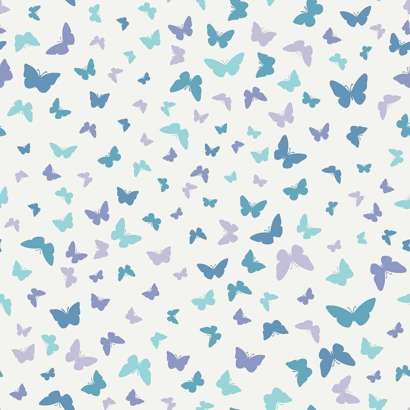 A fabric with a pattern of butterflies in various shades of blue on a light background.