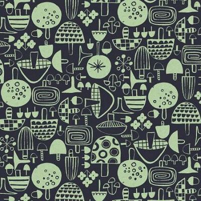 A textured green fabric with a pattern of stylized mushrooms, stars, and other botanical shapes.