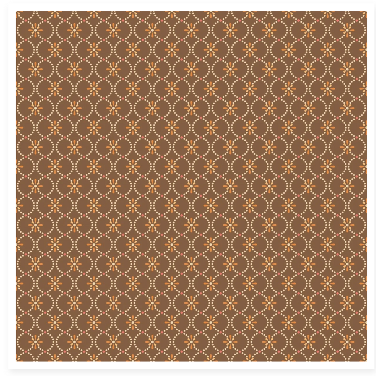 A product listing image showing a fabric with a repeating geometric pattern in brown, beige, and orange.