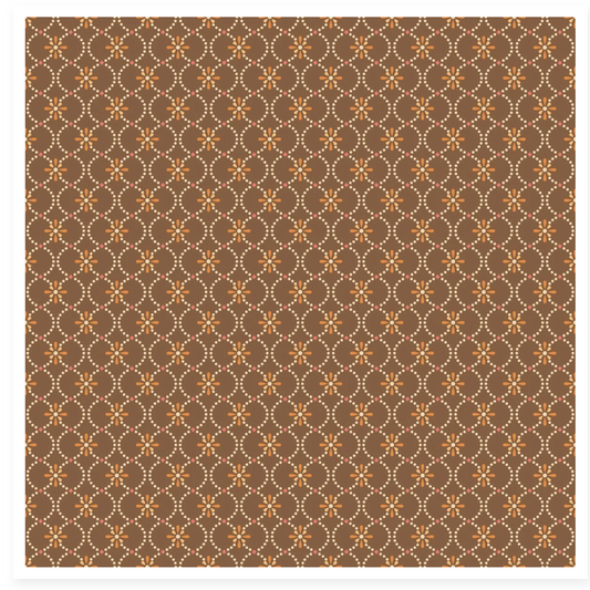 A product listing image showing a fabric with a repeating geometric pattern in brown, beige, and orange.