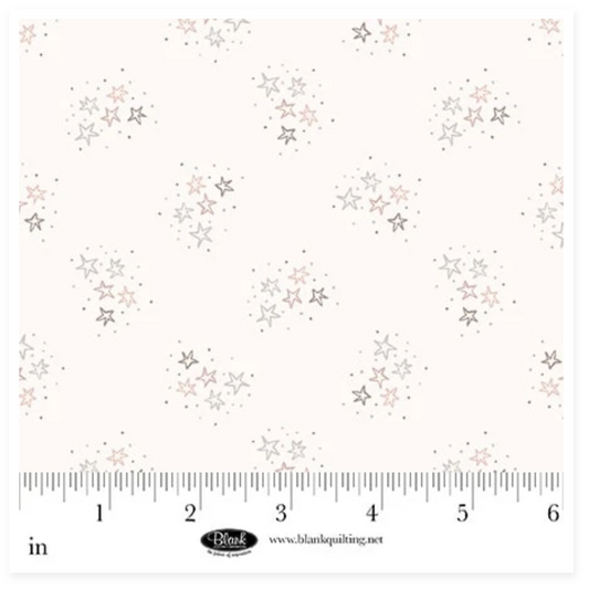A fabric product listing showing a white fabric with a repeating pattern of small gray and pink stars.