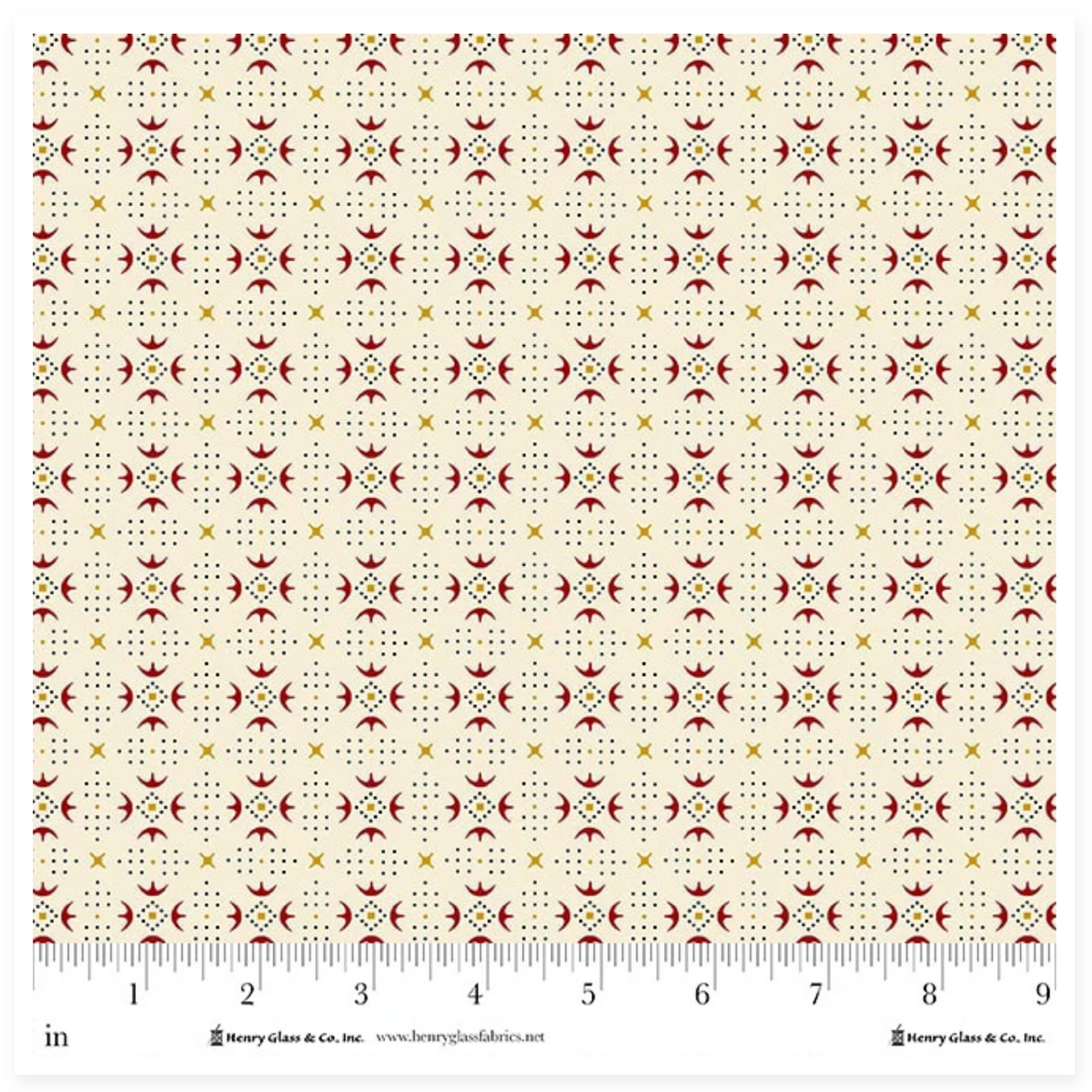 A fabric pattern swatch card showing a repeating geometric design in cream, rust red, and mustard yellow, with a ruler along the bottom edge and product text on the right.