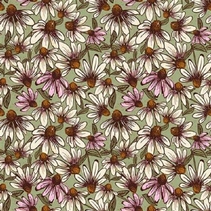 Coneflower Corral - Echinacea, Olive - Clothworks Textiles