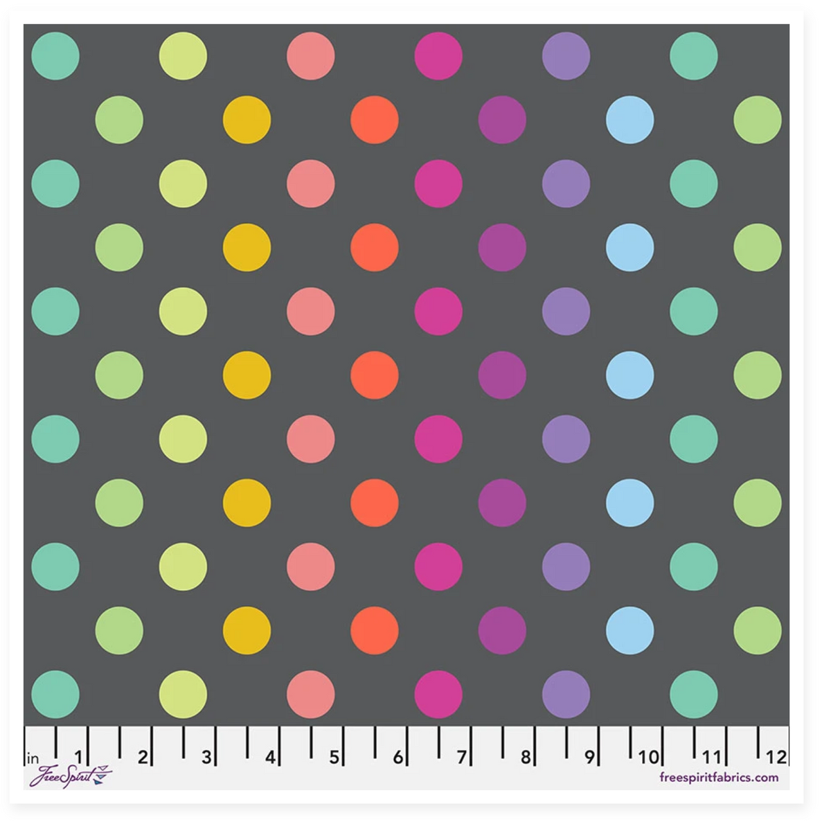 Multi colored polka dots on a carbon background.