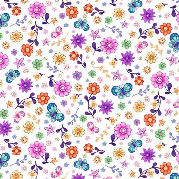 Crazy Kitties - Flower Patch Toss on White - P&B Textiles