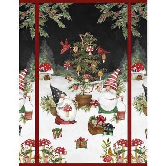 Christmas-themed fabric panel with gnomes, trees, and decorations.
