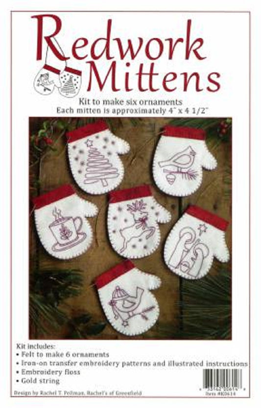 Felt Ornaments Kit - Redwork's Mittens Ornaments - Rachel's of Greenfield