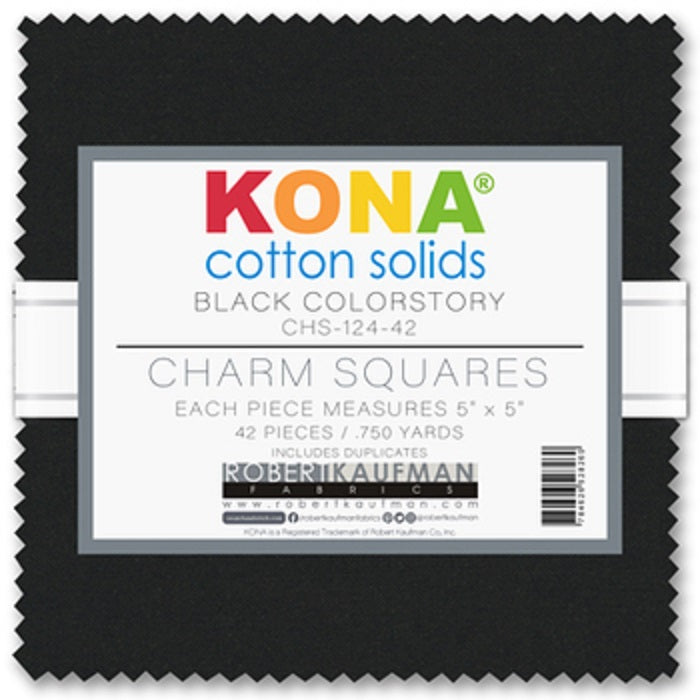 Kona Cotton Solids, Black - 5" Charm Squares - Robert Kaufman Fabrics