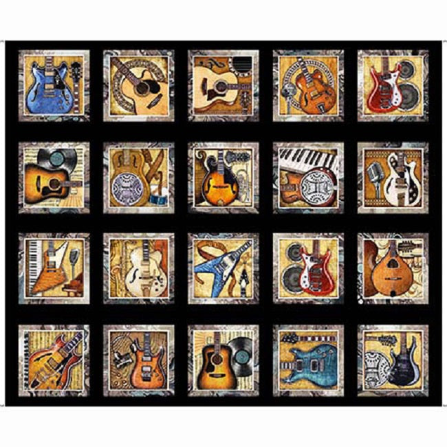 Rock N Roll Fantasy Guitar Picture Patches on Black - QT Fabrics