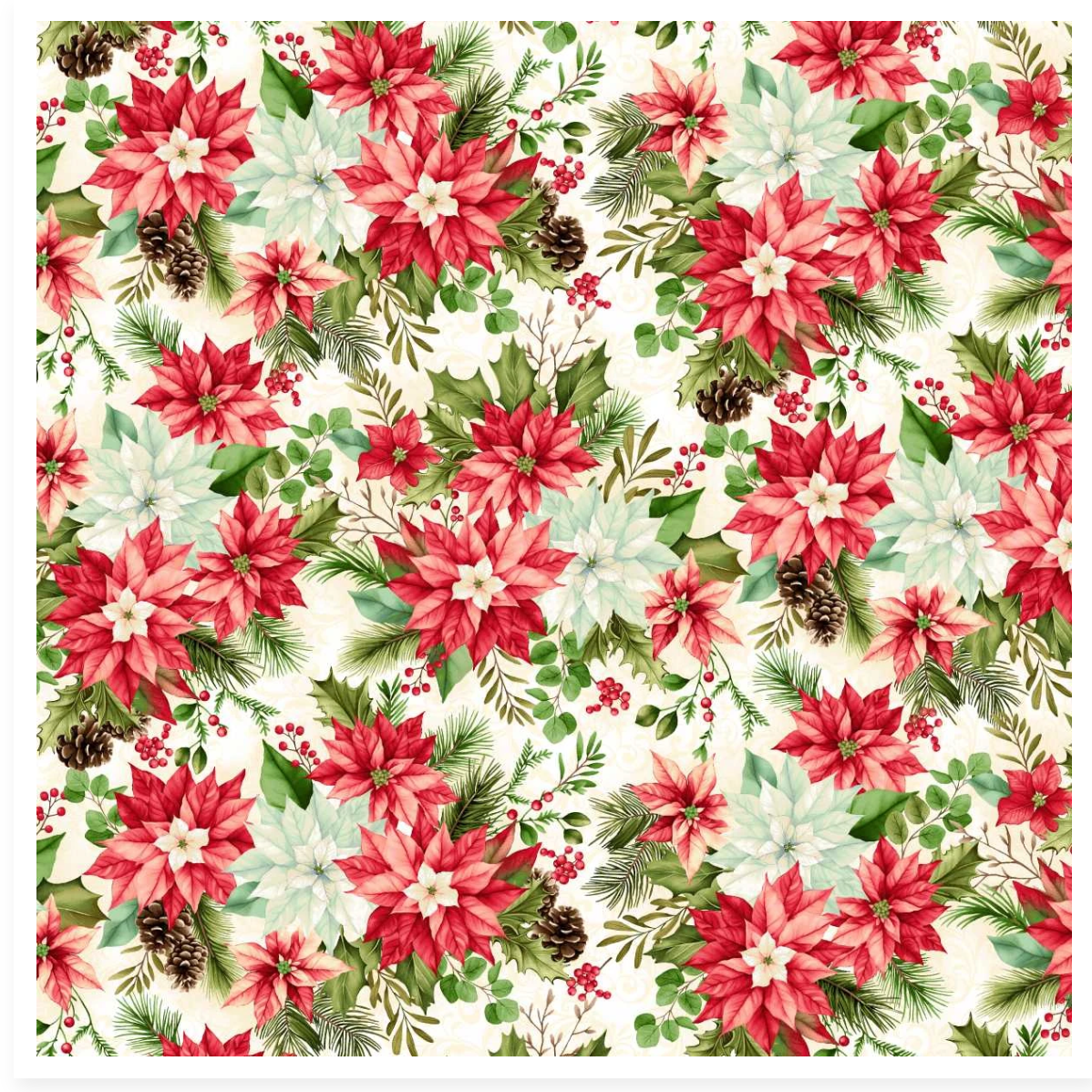 Poinsettias and leaves on a cream background fabric. 