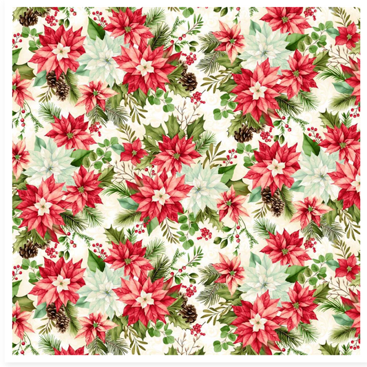 Poinsettias and leaves on a cream background fabric. 