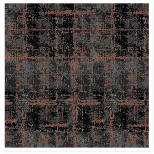 The swatch shows a distressed, grunge-style design with a dark charcoal gray base and rusty orange-brown grid-like lines.
