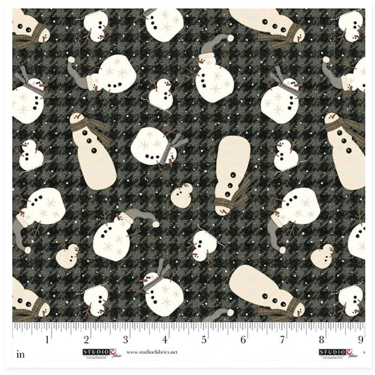 Cute snowmen on a moss houndstooth background.