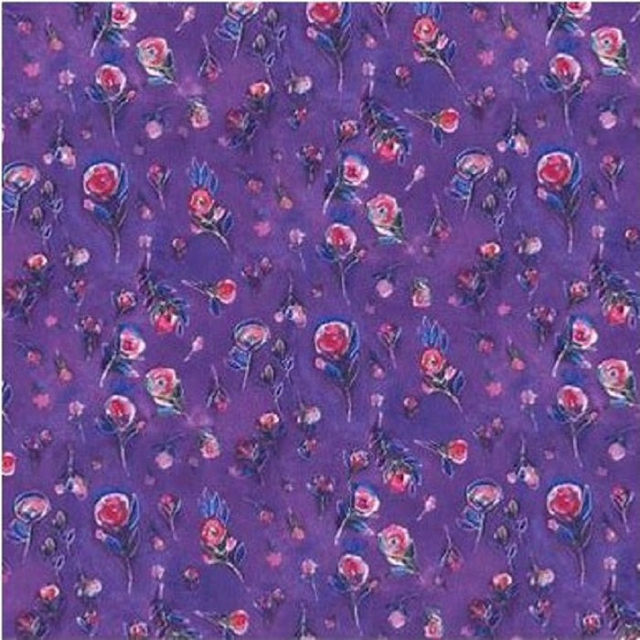 Sunset Meadow - Digital Rose Buds on Purple - Clothworks