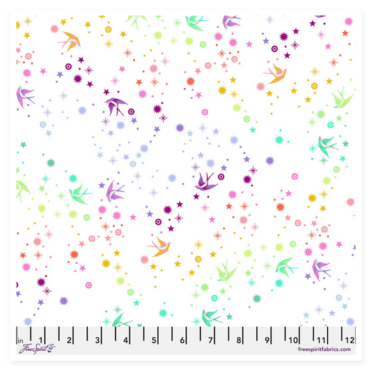 Toss of rainbow colored stars, dots and birds on a white background. 
