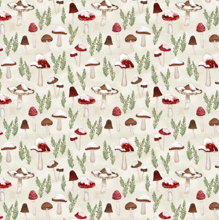 Woodland Snowmen - Cream Mushrooms All Over - Wilmington Prints